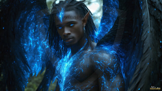 A detailed AI generated photograph featuring a beautiful handsome male angel warrior with ethereal skin and a beautiful body. Imbued with feathered wings, enormous and shimmering, a powerful warrior from the heavens. He possesses a strong, sharp jawline, chiseled muscular torso, pectorals, abs, sleek nose high cheekbones, vibrant eyes, silver earrings. With huge vibrate silver feathered wings, enormous and shimmering, with a radiant hue, reflecting light in a mesmerizing way. Here is a raw, untamed energy that emanates from him. His presence is electrifying, drawing viewers in with his captivating gaze and formidable presence. Perfect face, perfect hands.