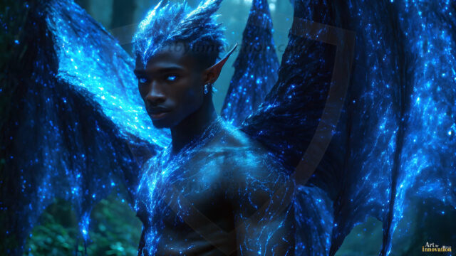 A detailed AI generated photograph featuring a beautiful handsome male angel warrior with ethereal skin and a beautiful body. Imbued with feathered wings, enormous and shimmering, a powerful warrior from the heavens. He possesses a strong, sharp jawline, chiseled muscular torso, pectorals, abs, sleek nose high cheekbones, vibrant eyes, silver earrings. With huge vibrate silver feathered wings, enormous and shimmering, with a radiant hue, reflecting light in a mesmerizing way. Here is a raw, untamed energy that emanates from him. His presence is electrifying, drawing viewers in with his captivating gaze and formidable presence. Perfect face, perfect hands.