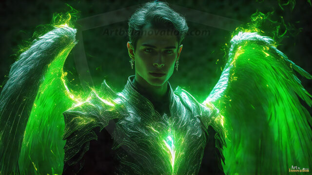 A detailed AI generated photograph featuring a beautiful handsome male angel warrior with ethereal skin and a beautiful body. Imbued with feathered wings, enormous and shimmering, a powerful warrior from the heavens. He possesses a strong, sharp jawline, chiseled muscular torso, pectorals, abs, sleek nose high cheekbones, vibrant eyes, silver earrings. With huge vibrate silver feathered wings, enormous and shimmering, with a radiant hue, reflecting light in a mesmerizing way. Here is a raw, untamed energy that emanates from him. His presence is electrifying, drawing viewers in with his captivating gaze and formidable presence. Perfect face, perfect hands.