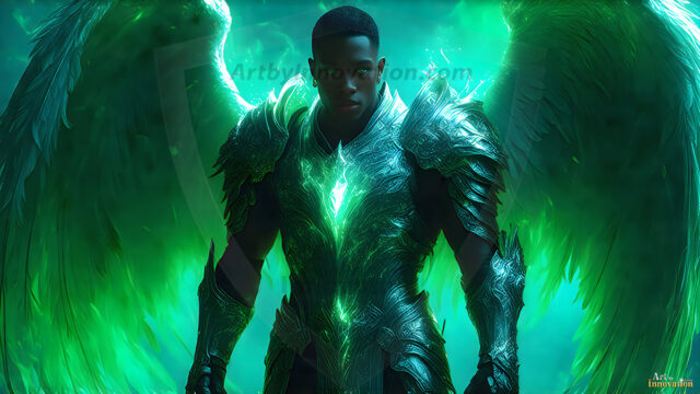 A detailed AI generated photograph featuring a beautiful handsome male angel warrior with ethereal skin and a beautiful body. Imbued with feathered wings, enormous and shimmering, a powerful warrior from the heavens. He possesses a strong, sharp jawline, chiseled muscular torso, pectorals, abs, sleek nose high cheekbones, vibrant eyes, silver earrings. With huge vibrate silver feathered wings, enormous and shimmering, with a radiant hue, reflecting light in a mesmerizing way. Here is a raw, untamed energy that emanates from him. His presence is electrifying, drawing viewers in with his captivating gaze and formidable presence. Perfect face, perfect hands.