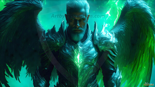 A detailed AI generated photograph featuring a beautiful handsome male angel warrior with ethereal skin and a beautiful body. Imbued with feathered wings, enormous and shimmering, a powerful warrior from the heavens. He possesses a strong, sharp jawline, chiseled muscular torso, pectorals, abs, sleek nose high cheekbones, vibrant eyes, silver earrings. With huge vibrate silver feathered wings, enormous and shimmering, with a radiant hue, reflecting light in a mesmerizing way. Here is a raw, untamed energy that emanates from him. His presence is electrifying, drawing viewers in with his captivating gaze and formidable presence. Perfect face, perfect hands.