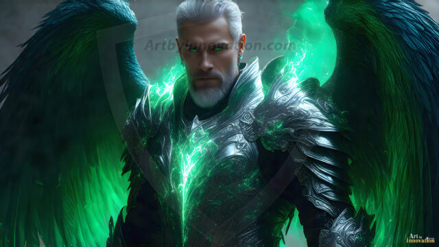 A detailed AI generated photograph featuring a beautiful handsome male angel warrior with ethereal skin and a beautiful body. Imbued with feathered wings, enormous and shimmering, a powerful warrior from the heavens. He possesses a strong, sharp jawline, chiseled muscular torso, pectorals, abs, sleek nose high cheekbones, vibrant eyes, silver earrings. With huge vibrate silver feathered wings, enormous and shimmering, with a radiant hue, reflecting light in a mesmerizing way. Here is a raw, untamed energy that emanates from him. His presence is electrifying, drawing viewers in with his captivating gaze and formidable presence. Perfect face, perfect hands.