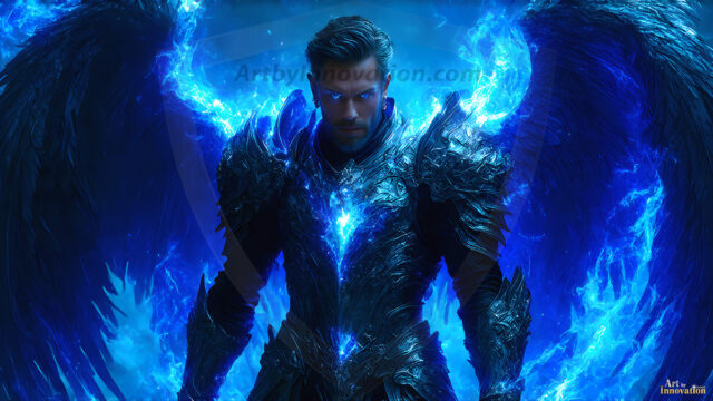 A detailed AI generated photograph featuring a beautiful handsome male angel warrior with ethereal skin and a beautiful body. Imbued with feathered wings, enormous and shimmering, a powerful warrior from the heavens. He possesses a strong, sharp jawline, chiseled muscular torso, pectorals, abs, sleek nose high cheekbones, vibrant eyes, silver earrings. With huge vibrate silver feathered wings, enormous and shimmering, with a radiant hue, reflecting light in a mesmerizing way. Here is a raw, untamed energy that emanates from him. His presence is electrifying, drawing viewers in with his captivating gaze and formidable presence. Perfect face, perfect hands.