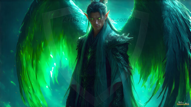 A detailed AI generated photograph featuring a beautiful handsome male angel warrior with ethereal skin and a beautiful body. Imbued with feathered wings, enormous and shimmering, a powerful warrior from the heavens. He possesses a strong, sharp jawline, chiseled muscular torso, pectorals, abs, sleek nose high cheekbones, vibrant eyes, silver earrings. With huge vibrate silver feathered wings, enormous and shimmering, with a radiant hue, reflecting light in a mesmerizing way. Here is a raw, untamed energy that emanates from him. His presence is electrifying, drawing viewers in with his captivating gaze and formidable presence. Perfect face, perfect hands.