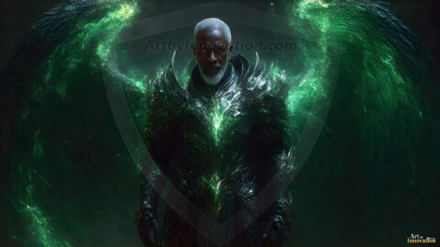 A detailed AI generated photograph featuring a beautiful handsome male angel warrior with ethereal skin and a beautiful body. Imbued with feathered wings, enormous and shimmering, a powerful warrior from the heavens. He possesses a strong, sharp jawline, chiseled muscular torso, pectorals, abs, sleek nose high cheekbones, vibrant eyes, silver earrings. With huge vibrate silver feathered wings, enormous and shimmering, with a radiant hue, reflecting light in a mesmerizing way. Here is a raw, untamed energy that emanates from him. His presence is electrifying, drawing viewers in with his captivating gaze and formidable presence. Perfect face, perfect hands.