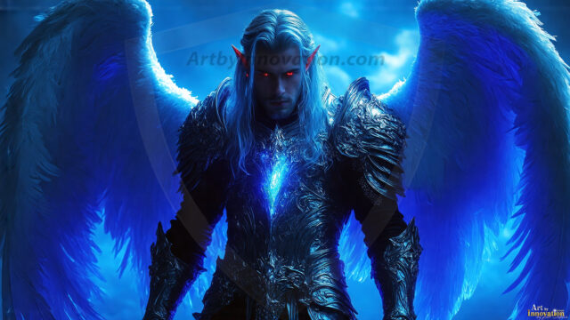 A detailed AI generated photograph featuring a beautiful handsome male angel warrior with ethereal skin and a beautiful body. Imbued with feathered wings, enormous and shimmering, a powerful warrior from the heavens. He possesses a strong, sharp jawline, chiseled muscular torso, pectorals, abs, sleek nose high cheekbones, vibrant eyes, silver earrings. With huge vibrate silver feathered wings, enormous and shimmering, with a radiant hue, reflecting light in a mesmerizing way. Here is a raw, untamed energy that emanates from him. His presence is electrifying, drawing viewers in with his captivating gaze and formidable presence. Perfect face, perfect hands.