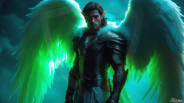 A detailed AI generated photograph featuring a beautiful handsome male angel warrior with ethereal skin and a beautiful body. Imbued with feathered wings, enormous and shimmering, a powerful warrior from the heavens. He possesses a strong, sharp jawline, chiseled muscular torso, pectorals, abs, sleek nose high cheekbones, vibrant eyes, silver earrings. With huge vibrate silver feathered wings, enormous and shimmering, with a radiant hue, reflecting light in a mesmerizing way. Here is a raw, untamed energy that emanates from him. His presence is electrifying, drawing viewers in with his captivating gaze and formidable presence. Perfect face, perfect hands.
