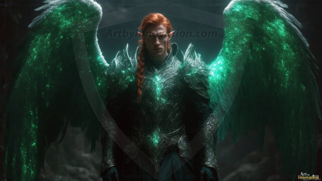 A detailed AI generated photograph featuring a beautiful handsome male angel warrior with ethereal skin and a beautiful body. Imbued with feathered wings, enormous and shimmering, a powerful warrior from the heavens. He possesses a strong, sharp jawline, chiseled muscular torso, pectorals, abs, sleek nose high cheekbones, vibrant eyes, silver earrings. With huge vibrate silver feathered wings, enormous and shimmering, with a radiant hue, reflecting light in a mesmerizing way. Here is a raw, untamed energy that emanates from him. His presence is electrifying, drawing viewers in with his captivating gaze and formidable presence. Perfect face, perfect hands.