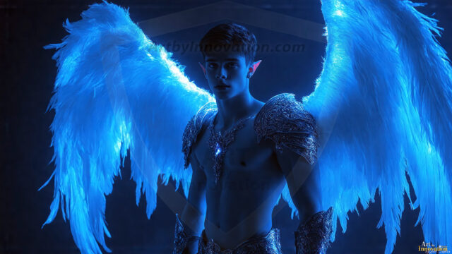A detailed AI generated photograph featuring a beautiful handsome male angel warrior with ethereal skin and a beautiful body. Imbued with feathered wings, enormous and shimmering, a powerful warrior from the heavens. He possesses a strong, sharp jawline, chiseled muscular torso, pectorals, abs, sleek nose high cheekbones, vibrant eyes, silver earrings. With huge vibrate silver feathered wings, enormous and shimmering, with a radiant hue, reflecting light in a mesmerizing way. Here is a raw, untamed energy that emanates from him. His presence is electrifying, drawing viewers in with his captivating gaze and formidable presence. Perfect face, perfect hands.