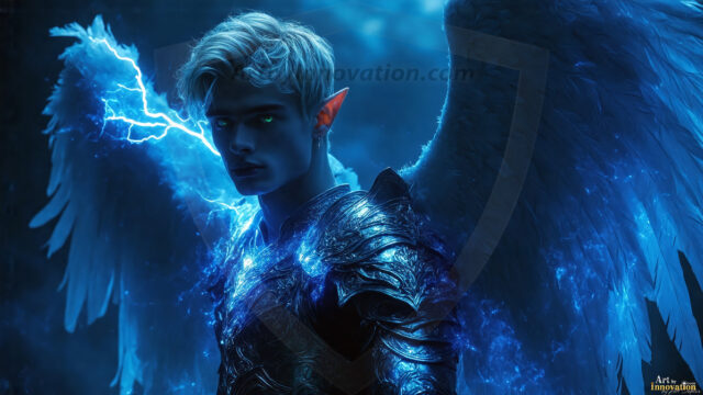 A detailed AI generated photograph featuring a beautiful handsome male angel warrior with ethereal skin and a beautiful body. Imbued with feathered wings, enormous and shimmering, a powerful warrior from the heavens. He possesses a strong, sharp jawline, chiseled muscular torso, pectorals, abs, sleek nose high cheekbones, vibrant eyes, silver earrings. With huge vibrate silver feathered wings, enormous and shimmering, with a radiant hue, reflecting light in a mesmerizing way. Here is a raw, untamed energy that emanates from him. His presence is electrifying, drawing viewers in with his captivating gaze and formidable presence. Perfect face, perfect hands.