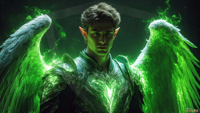 A detailed AI generated photograph featuring a beautiful handsome male angel warrior with ethereal skin and a beautiful body. Imbued with feathered wings, enormous and shimmering, a powerful warrior from the heavens. He possesses a strong, sharp jawline, chiseled muscular torso, pectorals, abs, sleek nose high cheekbones, vibrant eyes, silver earrings. With huge vibrate silver feathered wings, enormous and shimmering, with a radiant hue, reflecting light in a mesmerizing way. Here is a raw, untamed energy that emanates from him. His presence is electrifying, drawing viewers in with his captivating gaze and formidable presence. Perfect face, perfect hands.