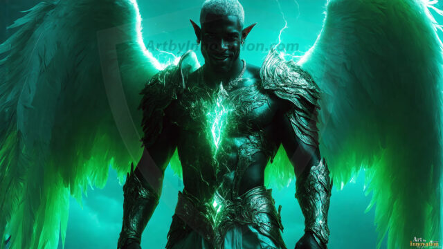 A detailed AI generated photograph featuring a beautiful handsome male angel warrior with ethereal skin and a beautiful body. Imbued with feathered wings, enormous and shimmering, a powerful warrior from the heavens. He possesses a strong, sharp jawline, chiseled muscular torso, pectorals, abs, sleek nose high cheekbones, vibrant eyes, silver earrings. With huge vibrate silver feathered wings, enormous and shimmering, with a radiant hue, reflecting light in a mesmerizing way. Here is a raw, untamed energy that emanates from him. His presence is electrifying, drawing viewers in with his captivating gaze and formidable presence. Perfect face, perfect hands.