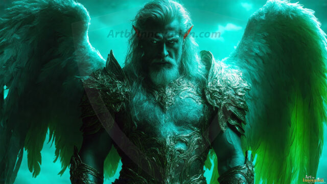 A detailed AI generated photograph featuring a beautiful handsome male angel warrior with ethereal skin and a beautiful body. Imbued with feathered wings, enormous and shimmering, a powerful warrior from the heavens. He possesses a strong, sharp jawline, chiseled muscular torso, pectorals, abs, sleek nose high cheekbones, vibrant eyes, silver earrings. With huge vibrate silver feathered wings, enormous and shimmering, with a radiant hue, reflecting light in a mesmerizing way. Here is a raw, untamed energy that emanates from him. His presence is electrifying, drawing viewers in with his captivating gaze and formidable presence. Perfect face, perfect hands.