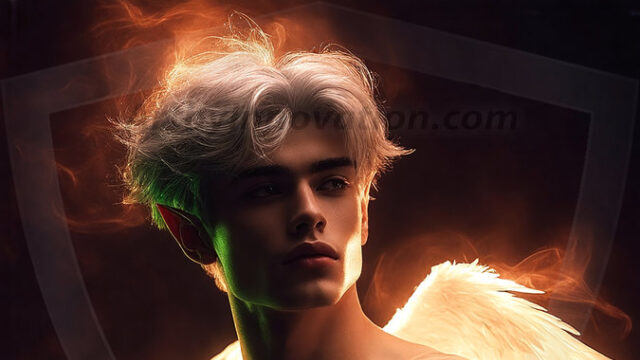 A detailed AI generated photograph featuring a beautiful handsome male angel warrior with ethereal skin and a beautiful body. Imbued with feathered wings, enormous and shimmering, a powerful warrior from the heavens. He possesses a strong, sharp jawline, chiseled muscular torso, pectorals, abs, sleek nose high cheekbones, vibrant eyes, silver earrings. With huge vibrate silver feathered wings, enormous and shimmering, with a radiant hue, reflecting light in a mesmerizing way. Here is a raw, untamed energy that emanates from him. His presence is electrifying, drawing viewers in with his captivating gaze and formidable presence. Perfect face, perfect hands.