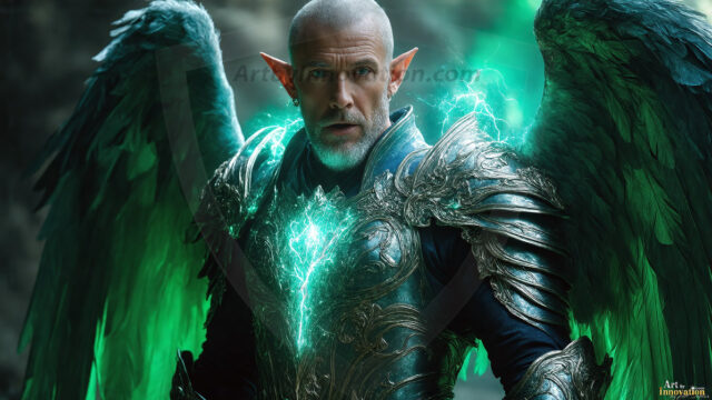 A detailed AI generated photograph featuring a beautiful handsome male angel warrior with ethereal skin and a beautiful body. Imbued with feathered wings, enormous and shimmering, a powerful warrior from the heavens. He possesses a strong, sharp jawline, chiseled muscular torso, pectorals, abs, sleek nose high cheekbones, vibrant eyes, silver earrings. With huge vibrate silver feathered wings, enormous and shimmering, with a radiant hue, reflecting light in a mesmerizing way. Here is a raw, untamed energy that emanates from him. His presence is electrifying, drawing viewers in with his captivating gaze and formidable presence. Perfect face, perfect hands.