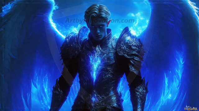 A detailed AI generated photograph featuring a beautiful handsome male angel warrior with ethereal skin and a beautiful body. Imbued with feathered wings, enormous and shimmering, a powerful warrior from the heavens. He possesses a strong, sharp jawline, chiseled muscular torso, pectorals, abs, sleek nose high cheekbones, vibrant eyes, silver earrings. With huge vibrate silver feathered wings, enormous and shimmering, with a radiant hue, reflecting light in a mesmerizing way. Here is a raw, untamed energy that emanates from him. His presence is electrifying, drawing viewers in with his captivating gaze and formidable presence. Perfect face, perfect hands.