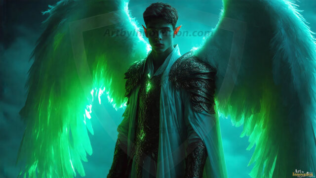 A detailed AI generated photograph featuring a beautiful handsome male angel warrior with ethereal skin and a beautiful body. Imbued with feathered wings, enormous and shimmering, a powerful warrior from the heavens. He possesses a strong, sharp jawline, chiseled muscular torso, pectorals, abs, sleek nose high cheekbones, vibrant eyes, silver earrings. With huge vibrate silver feathered wings, enormous and shimmering, with a radiant hue, reflecting light in a mesmerizing way. Here is a raw, untamed energy that emanates from him. His presence is electrifying, drawing viewers in with his captivating gaze and formidable presence. Perfect face, perfect hands.