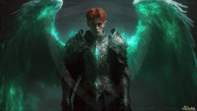 A detailed AI generated photograph featuring a beautiful handsome male angel warrior with ethereal skin and a beautiful body. Imbued with feathered wings, enormous and shimmering, a powerful warrior from the heavens. He possesses a strong, sharp jawline, chiseled muscular torso, pectorals, abs, sleek nose high cheekbones, vibrant eyes, silver earrings. With huge vibrate silver feathered wings, enormous and shimmering, with a radiant hue, reflecting light in a mesmerizing way. Here is a raw, untamed energy that emanates from him. His presence is electrifying, drawing viewers in with his captivating gaze and formidable presence. Perfect face, perfect hands.