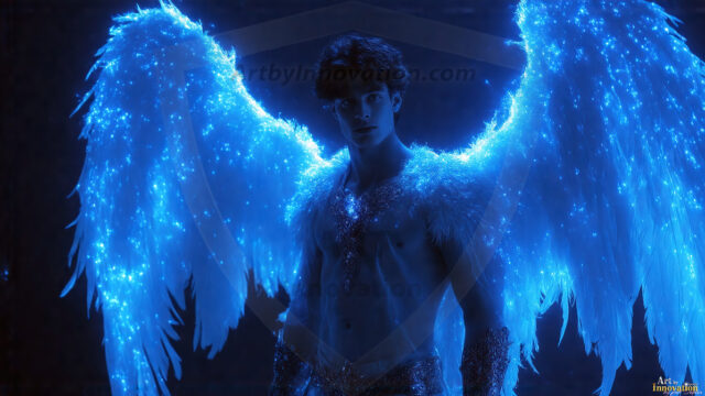A detailed AI generated photograph featuring a beautiful handsome male angel warrior with ethereal skin and a beautiful body. Imbued with feathered wings, enormous and shimmering, a powerful warrior from the heavens. He possesses a strong, sharp jawline, chiseled muscular torso, pectorals, abs, sleek nose high cheekbones, vibrant eyes, silver earrings. With huge vibrate silver feathered wings, enormous and shimmering, with a radiant hue, reflecting light in a mesmerizing way. Here is a raw, untamed energy that emanates from him. His presence is electrifying, drawing viewers in with his captivating gaze and formidable presence. Perfect face, perfect hands.