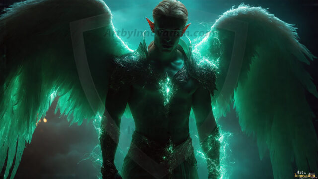 A detailed AI generated photograph featuring a beautiful handsome male angel warrior with ethereal skin and a beautiful body. Imbued with feathered wings, enormous and shimmering, a powerful warrior from the heavens. He possesses a strong, sharp jawline, chiseled muscular torso, pectorals, abs, sleek nose high cheekbones, vibrant eyes, silver earrings. With huge vibrate silver feathered wings, enormous and shimmering, with a radiant hue, reflecting light in a mesmerizing way. Here is a raw, untamed energy that emanates from him. His presence is electrifying, drawing viewers in with his captivating gaze and formidable presence. Perfect face, perfect hands.