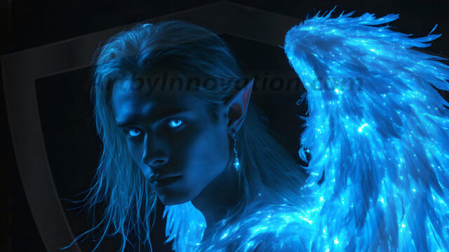 A detailed AI generated photograph featuring a beautiful handsome male angel warrior with ethereal skin and a beautiful body. Imbued with feathered wings, enormous and shimmering, a powerful warrior from the heavens. He possesses a strong, sharp jawline, chiseled muscular torso, pectorals, abs, sleek nose high cheekbones, vibrant eyes, silver earrings. With huge vibrate silver feathered wings, enormous and shimmering, with a radiant hue, reflecting light in a mesmerizing way. Here is a raw, untamed energy that emanates from him. His presence is electrifying, drawing viewers in with his captivating gaze and formidable presence. Perfect face, perfect hands.