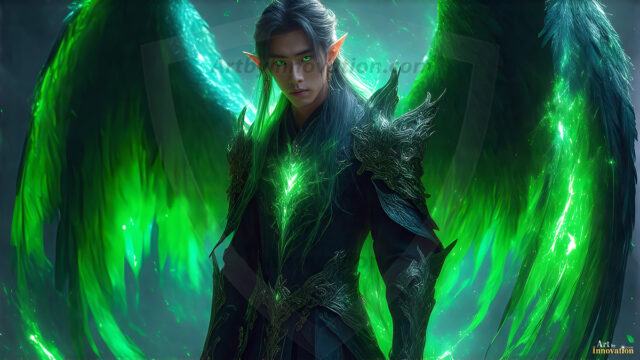 A detailed AI generated photograph featuring a beautiful handsome male angel warrior with ethereal skin and a beautiful body. Imbued with feathered wings, enormous and shimmering, a powerful warrior from the heavens. He possesses a strong, sharp jawline, chiseled muscular torso, pectorals, abs, sleek nose high cheekbones, vibrant eyes, silver earrings. With huge vibrate silver feathered wings, enormous and shimmering, with a radiant hue, reflecting light in a mesmerizing way. Here is a raw, untamed energy that emanates from him. His presence is electrifying, drawing viewers in with his captivating gaze and formidable presence. Perfect face, perfect hands.