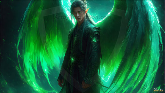 A detailed AI generated photograph featuring a beautiful handsome male angel warrior with ethereal skin and a beautiful body. Imbued with feathered wings, enormous and shimmering, a powerful warrior from the heavens. He possesses a strong, sharp jawline, chiseled muscular torso, pectorals, abs, sleek nose high cheekbones, vibrant eyes, silver earrings. With huge vibrate silver feathered wings, enormous and shimmering, with a radiant hue, reflecting light in a mesmerizing way. Here is a raw, untamed energy that emanates from him. His presence is electrifying, drawing viewers in with his captivating gaze and formidable presence. Perfect face, perfect hands.