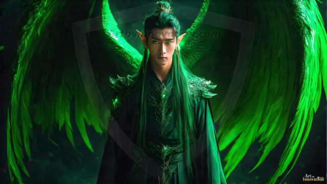 A detailed AI generated photograph featuring a beautiful handsome male angel warrior with ethereal skin and a beautiful body. Imbued with feathered wings, enormous and shimmering, a powerful warrior from the heavens. He possesses a strong, sharp jawline, chiseled muscular torso, pectorals, abs, sleek nose high cheekbones, vibrant eyes, silver earrings. With huge vibrate silver feathered wings, enormous and shimmering, with a radiant hue, reflecting light in a mesmerizing way. Here is a raw, untamed energy that emanates from him. His presence is electrifying, drawing viewers in with his captivating gaze and formidable presence. Perfect face, perfect hands.