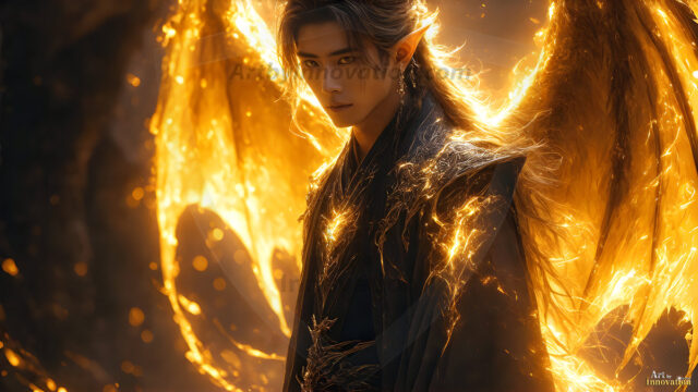 A detailed AI generated photograph featuring a beautiful handsome male angel warrior with ethereal skin and a beautiful body. Imbued with feathered wings, enormous and shimmering, a powerful warrior from the heavens. He possesses a strong, sharp jawline, chiseled muscular torso, pectorals, abs, sleek nose high cheekbones, vibrant eyes, silver earrings. With huge vibrate silver feathered wings, enormous and shimmering, with a radiant hue, reflecting light in a mesmerizing way. Here is a raw, untamed energy that emanates from him. His presence is electrifying, drawing viewers in with his captivating gaze and formidable presence. Perfect face, perfect hands.