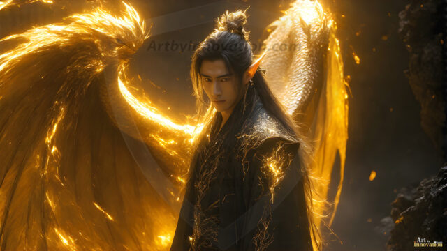 A detailed AI generated photograph featuring a beautiful handsome male angel warrior with ethereal skin and a beautiful body. Imbued with feathered wings, enormous and shimmering, a powerful warrior from the heavens. He possesses a strong, sharp jawline, chiseled muscular torso, pectorals, abs, sleek nose high cheekbones, vibrant eyes, silver earrings. With huge vibrate silver feathered wings, enormous and shimmering, with a radiant hue, reflecting light in a mesmerizing way. Here is a raw, untamed energy that emanates from him. His presence is electrifying, drawing viewers in with his captivating gaze and formidable presence. Perfect face, perfect hands.