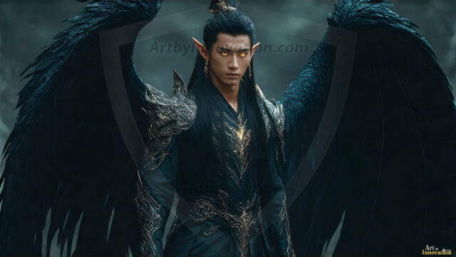 A detailed AI generated photograph featuring a beautiful handsome male angel warrior with ethereal skin and a beautiful body. Imbued with feathered wings, enormous and shimmering, a powerful warrior from the heavens. He possesses a strong, sharp jawline, chiseled muscular torso, pectorals, abs, sleek nose high cheekbones, vibrant eyes, silver earrings. With huge vibrate silver feathered wings, enormous and shimmering, with a radiant hue, reflecting light in a mesmerizing way. Here is a raw, untamed energy that emanates from him. His presence is electrifying, drawing viewers in with his captivating gaze and formidable presence. Perfect face, perfect hands.