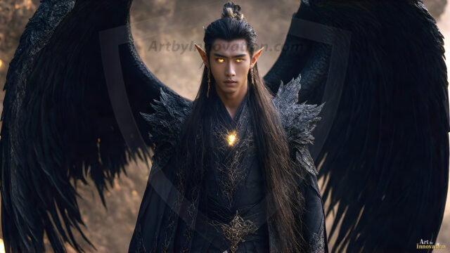 A detailed AI generated photograph featuring a beautiful handsome male angel warrior with ethereal skin and a beautiful body. Imbued with feathered wings, enormous and shimmering, a powerful warrior from the heavens. He possesses a strong, sharp jawline, chiseled muscular torso, pectorals, abs, sleek nose high cheekbones, vibrant eyes, silver earrings. With huge vibrate silver feathered wings, enormous and shimmering, with a radiant hue, reflecting light in a mesmerizing way. Here is a raw, untamed energy that emanates from him. His presence is electrifying, drawing viewers in with his captivating gaze and formidable presence. Perfect face, perfect hands.