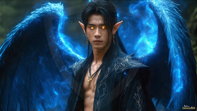 A detailed AI generated photograph featuring a beautiful handsome male angel warrior with ethereal skin and a beautiful body. Imbued with feathered wings, enormous and shimmering, a powerful warrior from the heavens. He possesses a strong, sharp jawline, chiseled muscular torso, pectorals, abs, sleek nose high cheekbones, vibrant eyes, silver earrings. With huge vibrate silver feathered wings, enormous and shimmering, with a radiant hue, reflecting light in a mesmerizing way. Here is a raw, untamed energy that emanates from him. His presence is electrifying, drawing viewers in with his captivating gaze and formidable presence. Perfect face, perfect hands.