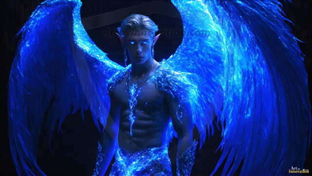 A detailed AI generated photograph featuring a beautiful handsome male angel warrior with ethereal skin and a beautiful body. Imbued with feathered wings, enormous and shimmering, a powerful warrior from the heavens. He possesses a strong, sharp jawline, chiseled muscular torso, pectorals, abs, sleek nose high cheekbones, vibrant eyes, silver earrings. With huge vibrate silver feathered wings, enormous and shimmering, with a radiant hue, reflecting light in a mesmerizing way. Here is a raw, untamed energy that emanates from him. His presence is electrifying, drawing viewers in with his captivating gaze and formidable presence. Perfect face, perfect hands.