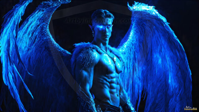 A detailed AI generated photograph featuring a beautiful handsome male angel warrior with ethereal skin and a beautiful body. Imbued with feathered wings, enormous and shimmering, a powerful warrior from the heavens. He possesses a strong, sharp jawline, chiseled muscular torso, pectorals, abs, sleek nose high cheekbones, vibrant eyes, silver earrings. With huge vibrate silver feathered wings, enormous and shimmering, with a radiant hue, reflecting light in a mesmerizing way. Here is a raw, untamed energy that emanates from him. His presence is electrifying, drawing viewers in with his captivating gaze and formidable presence. Perfect face, perfect hands.