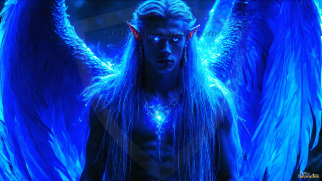 A detailed AI generated photograph featuring a beautiful handsome male angel warrior with ethereal skin and a beautiful body. Imbued with feathered wings, enormous and shimmering, a powerful warrior from the heavens. He possesses a strong, sharp jawline, chiseled muscular torso, pectorals, abs, sleek nose high cheekbones, vibrant eyes, silver earrings. With huge vibrate silver feathered wings, enormous and shimmering, with a radiant hue, reflecting light in a mesmerizing way. Here is a raw, untamed energy that emanates from him. His presence is electrifying, drawing viewers in with his captivating gaze and formidable presence. Perfect face, perfect hands.