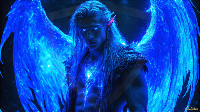 A detailed AI generated photograph featuring a beautiful handsome male angel warrior with ethereal skin and a beautiful body. Imbued with feathered wings, enormous and shimmering, a powerful warrior from the heavens. He possesses a strong, sharp jawline, chiseled muscular torso, pectorals, abs, sleek nose high cheekbones, vibrant eyes, silver earrings. With huge vibrate silver feathered wings, enormous and shimmering, with a radiant hue, reflecting light in a mesmerizing way. Here is a raw, untamed energy that emanates from him. His presence is electrifying, drawing viewers in with his captivating gaze and formidable presence. Perfect face, perfect hands.