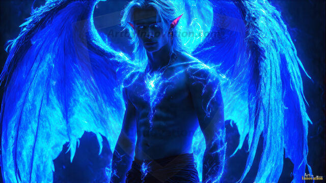 A detailed AI generated photograph featuring a beautiful handsome male angel warrior with ethereal skin and a beautiful body. Imbued with feathered wings, enormous and shimmering, a powerful warrior from the heavens. He possesses a strong, sharp jawline, chiseled muscular torso, pectorals, abs, sleek nose high cheekbones, vibrant eyes, silver earrings. With huge vibrate silver feathered wings, enormous and shimmering, with a radiant hue, reflecting light in a mesmerizing way. Here is a raw, untamed energy that emanates from him. His presence is electrifying, drawing viewers in with his captivating gaze and formidable presence. Perfect face, perfect hands.