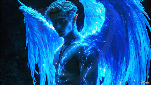 A detailed AI generated photograph featuring a beautiful handsome male angel warrior with ethereal skin and a beautiful body. Imbued with feathered wings, enormous and shimmering, a powerful warrior from the heavens. He possesses a strong, sharp jawline, chiseled muscular torso, pectorals, abs, sleek nose high cheekbones, vibrant eyes, silver earrings. With huge vibrate silver feathered wings, enormous and shimmering, with a radiant hue, reflecting light in a mesmerizing way. Here is a raw, untamed energy that emanates from him. His presence is electrifying, drawing viewers in with his captivating gaze and formidable presence. Perfect face, perfect hands.