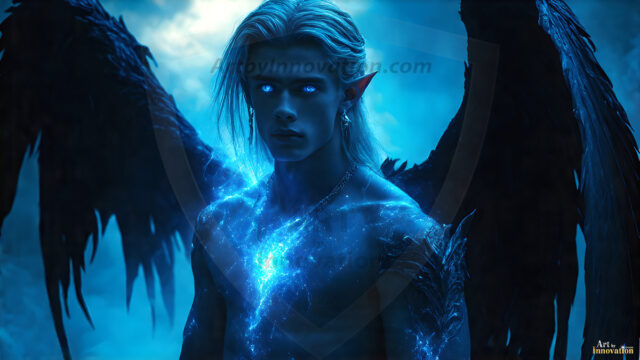 A detailed AI generated photograph featuring a beautiful handsome male angel warrior with ethereal skin and a beautiful body. Imbued with feathered wings, enormous and shimmering, a powerful warrior from the heavens. He possesses a strong, sharp jawline, chiseled muscular torso, pectorals, abs, sleek nose high cheekbones, vibrant eyes, silver earrings. With huge vibrate silver feathered wings, enormous and shimmering, with a radiant hue, reflecting light in a mesmerizing way. Here is a raw, untamed energy that emanates from him. His presence is electrifying, drawing viewers in with his captivating gaze and formidable presence. Perfect face, perfect hands.