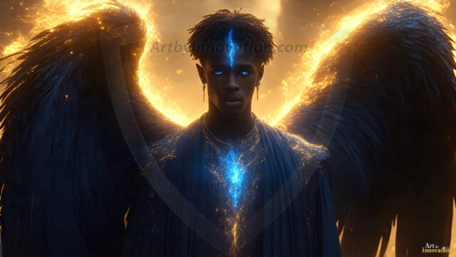 A detailed AI generated photograph featuring a beautiful handsome male angel warrior with ethereal skin and a beautiful body. Imbued with feathered wings, enormous and shimmering, a powerful warrior from the heavens. He possesses a strong, sharp jawline, chiseled muscular torso, pectorals, abs, sleek nose high cheekbones, vibrant eyes, silver earrings. With huge vibrate silver feathered wings, enormous and shimmering, with a radiant hue, reflecting light in a mesmerizing way. Here is a raw, untamed energy that emanates from him. His presence is electrifying, drawing viewers in with his captivating gaze and formidable presence. Perfect face, perfect hands.