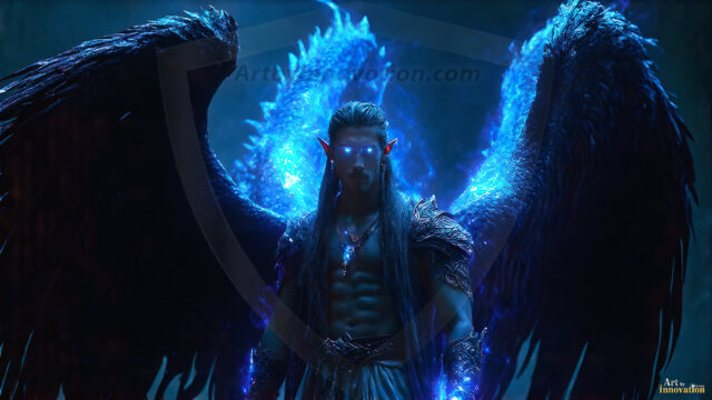 A detailed AI generated photograph featuring a beautiful handsome male angel warrior with ethereal skin and a beautiful body. Imbued with feathered wings, enormous and shimmering, a powerful warrior from the heavens. He possesses a strong, sharp jawline, chiseled muscular torso, pectorals, abs, sleek nose high cheekbones, vibrant eyes, silver earrings. With huge vibrate silver feathered wings, enormous and shimmering, with a radiant hue, reflecting light in a mesmerizing way. Here is a raw, untamed energy that emanates from him. His presence is electrifying, drawing viewers in with his captivating gaze and formidable presence. Perfect face, perfect hands.