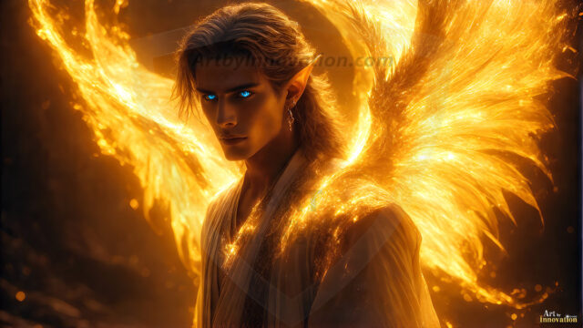 A detailed AI generated photograph featuring a beautiful handsome male angel warrior with ethereal skin and a beautiful body. Imbued with feathered wings, enormous and shimmering, a powerful warrior from the heavens. He possesses a strong, sharp jawline, chiseled muscular torso, pectorals, abs, sleek nose high cheekbones, vibrant eyes, silver earrings. With huge vibrate silver feathered wings, enormous and shimmering, with a radiant hue, reflecting light in a mesmerizing way. Here is a raw, untamed energy that emanates from him. His presence is electrifying, drawing viewers in with his captivating gaze and formidable presence. Perfect face, perfect hands.