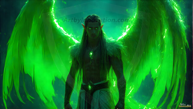 A detailed AI generated photograph featuring a beautiful handsome male angel warrior with ethereal skin and a beautiful body. Imbued with feathered wings, enormous and shimmering, a powerful warrior from the heavens. He possesses a strong, sharp jawline, chiseled muscular torso, pectorals, abs, sleek nose high cheekbones, vibrant eyes, silver earrings. With huge vibrate silver feathered wings, enormous and shimmering, with a radiant hue, reflecting light in a mesmerizing way. Here is a raw, untamed energy that emanates from him. His presence is electrifying, drawing viewers in with his captivating gaze and formidable presence. Perfect face, perfect hands.
