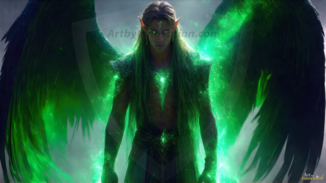 A detailed AI generated photograph featuring a beautiful handsome male angel warrior with ethereal skin and a beautiful body. Imbued with feathered wings, enormous and shimmering, a powerful warrior from the heavens. He possesses a strong, sharp jawline, chiseled muscular torso, pectorals, abs, sleek nose high cheekbones, vibrant eyes, silver earrings. With huge vibrate silver feathered wings, enormous and shimmering, with a radiant hue, reflecting light in a mesmerizing way. Here is a raw, untamed energy that emanates from him. His presence is electrifying, drawing viewers in with his captivating gaze and formidable presence. Perfect face, perfect hands.