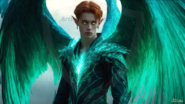 A detailed AI generated photograph featuring a beautiful handsome male angel warrior with ethereal skin and a beautiful body. Imbued with feathered wings, enormous and shimmering, a powerful warrior from the heavens. He possesses a strong, sharp jawline, chiseled muscular torso, pectorals, abs, sleek nose high cheekbones, vibrant eyes, silver earrings. With huge vibrate silver feathered wings, enormous and shimmering, with a radiant hue, reflecting light in a mesmerizing way. Here is a raw, untamed energy that emanates from him. His presence is electrifying, drawing viewers in with his captivating gaze and formidable presence. Perfect face, perfect hands.
