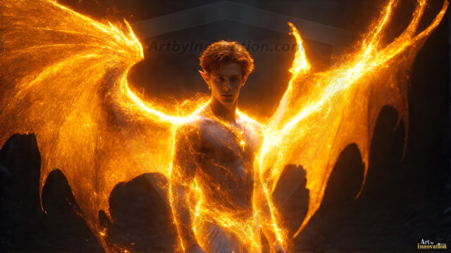 A detailed AI generated photograph featuring a beautiful handsome male angel warrior with ethereal skin and a beautiful body. Imbued with feathered wings, enormous and shimmering, a powerful warrior from the heavens. He possesses a strong, sharp jawline, chiseled muscular torso, pectorals, abs, sleek nose high cheekbones, vibrant eyes, silver earrings. With huge vibrate silver feathered wings, enormous and shimmering, with a radiant hue, reflecting light in a mesmerizing way. Here is a raw, untamed energy that emanates from him. His presence is electrifying, drawing viewers in with his captivating gaze and formidable presence. Perfect face, perfect hands.