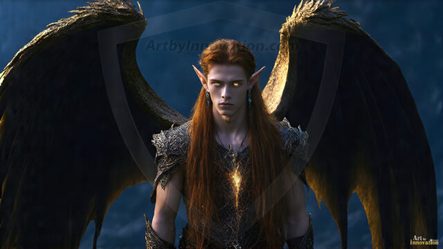A detailed AI generated photograph featuring a beautiful handsome male angel warrior with ethereal skin and a beautiful body. Imbued with feathered wings, enormous and shimmering, a powerful warrior from the heavens. He possesses a strong, sharp jawline, chiseled muscular torso, pectorals, abs, sleek nose high cheekbones, vibrant eyes, silver earrings. With huge vibrate silver feathered wings, enormous and shimmering, with a radiant hue, reflecting light in a mesmerizing way. Here is a raw, untamed energy that emanates from him. His presence is electrifying, drawing viewers in with his captivating gaze and formidable presence. Perfect face, perfect hands.