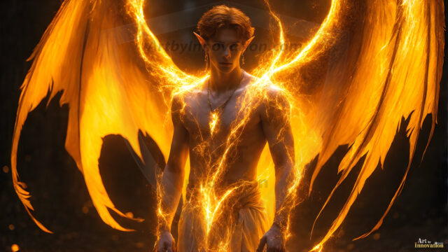 A detailed AI generated photograph featuring a beautiful handsome male angel warrior with ethereal skin and a beautiful body. Imbued with feathered wings, enormous and shimmering, a powerful warrior from the heavens. He possesses a strong, sharp jawline, chiseled muscular torso, pectorals, abs, sleek nose high cheekbones, vibrant eyes, silver earrings. With huge vibrate silver feathered wings, enormous and shimmering, with a radiant hue, reflecting light in a mesmerizing way. Here is a raw, untamed energy that emanates from him. His presence is electrifying, drawing viewers in with his captivating gaze and formidable presence. Perfect face, perfect hands.