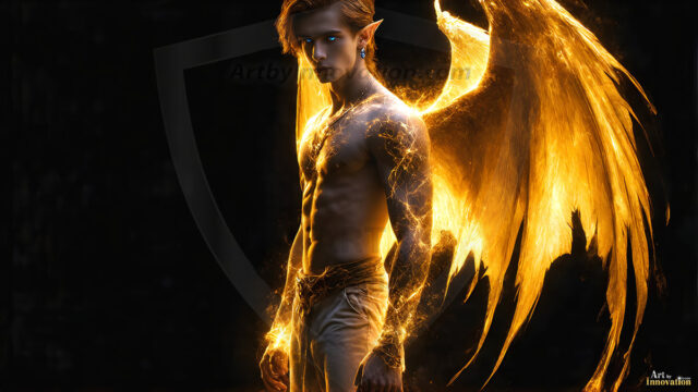 A detailed AI generated photograph featuring a beautiful handsome male angel warrior with ethereal skin and a beautiful body. Imbued with feathered wings, enormous and shimmering, a powerful warrior from the heavens. He possesses a strong, sharp jawline, chiseled muscular torso, pectorals, abs, sleek nose high cheekbones, vibrant eyes, silver earrings. With huge vibrate silver feathered wings, enormous and shimmering, with a radiant hue, reflecting light in a mesmerizing way. Here is a raw, untamed energy that emanates from him. His presence is electrifying, drawing viewers in with his captivating gaze and formidable presence. Perfect face, perfect hands.